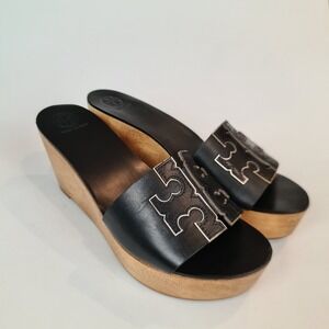 Tory Burch Women's Size 9 INES 80 mm Classic Slide Wedge Sandals Black Logo Wood